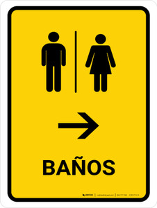 Restrooms With Right Arrow Yellow Spanish Portrait - Wall Sign