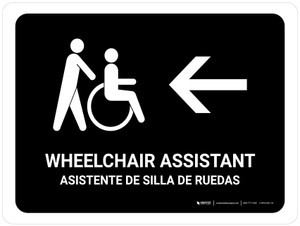 Wheelchair Assistant With Left Arrow Black Bilingual Spanish Landscape - Wall Sign