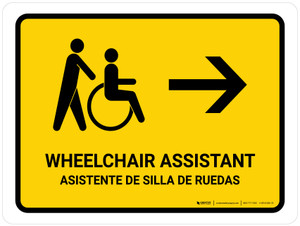 Wheelchair Assistant With Right Arrow Yellow Bilingual Spanish Landscape - Wall Sign