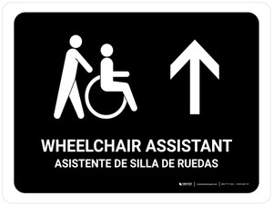Wheelchair Assistant With Up Arrow Black Bilingual Landscape - Wall Sign