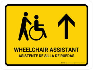 Wheelchair Assistant With Up Arrow Yellow Bilingual Spanish Landscape - Wall Sign