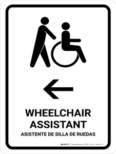 Wheelchair Assistant With Left Arrow White Bilingual Spanish Portrait - Wall Sign