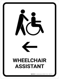Wheelchair Assistant With Left Arrow White Portrait - Wall Sign