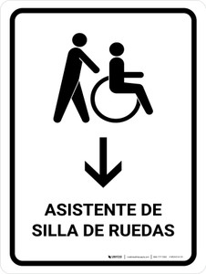 Wheelchair Assistant With Down Arrow White Spanish Portrait - Wall Sign
