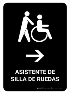 Wheelchair Assistant With Right Arrow Black Spanish Portrait - Wall Sign