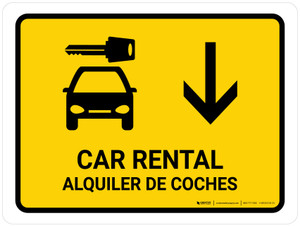 Car Rental With Down Arrow Yellow Bilingual Spanish Landscape - Wall Sign
