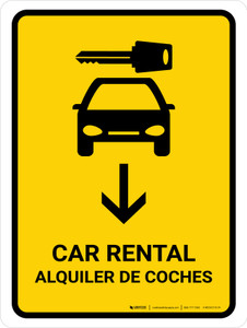 Car Rental With Down Arrow Yellow Bilingual Spanish Portrait - Wall Sign