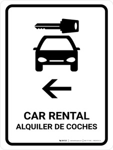 Car Rental With Left Arrow White Bilingual Spanish Portrait - Wall Sign