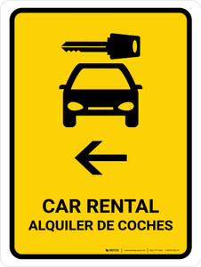 Car Rental With Left Arrow Yellow Bilingual Spanish Portrait - Wall Sign