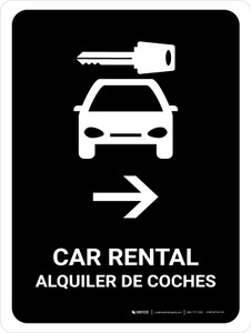 Car Rental With Right Arrow Black Bilingual Spanish Portrait - Wall Sign