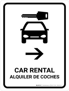 Car Rental With Right Arrow White Bilingual Spanish Portrait - Wall Sign