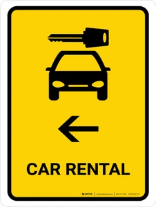 Car Rental With Left Arrow Yellow Portrait - Wall Sign