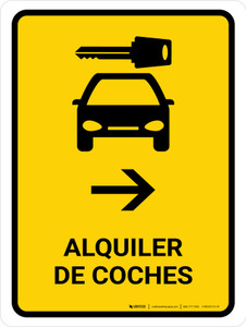 Car Rental With Right Arrow Yellow Spanish Portrait - Wall Sign