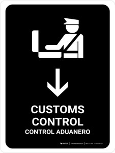 Customs Control With Down Arrow Black Bilingual Spanish Portrait - Wall Sign