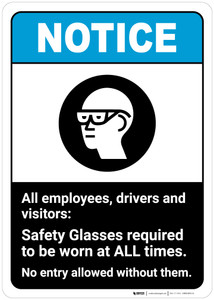 Notice: Safety Glasses Required ANSI - Wall Sign