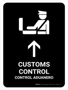 Customs Control With Up Arrow Black Bilingual Spanish Portrait - Wall Sign