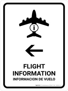 Flight Information With Left Arrow White Bilingual Spanish Portrait - Wall Sign