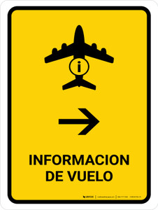 Flight Information With Right Arrow Yellow Spanish Portrait - Wall Sign