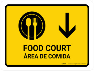 Food Court With Down Arrow Yellow Bilingual Spanish Landscape - Wall Sign