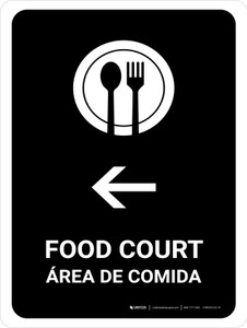 Food Court With Left Arrow Black Bilingual Spanish Portrait - Wall Sign