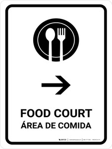 Food Court With Right Arrow White Bilingual Spanish Portrait - Wall Sign