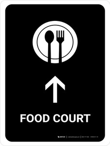 Food Court With Up Arrow Black Portrait - Wall Sign