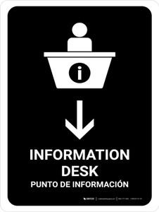 Information Desk With Down Arrow Black Bilingual Spanish Portrait - Wall Sign