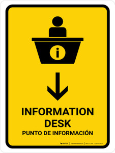 Information Desk With Down Arrow Yellow Bilingual Spanish Portrait - Wall Sign