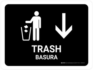 Trash With Down Arrow Black Bilingual Spanish Landscape - Wall Sign