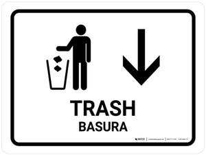 Trash With Down Arrow White Bilingual Spanish Landscape - Wall Sign