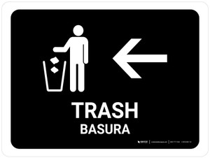 Trash With Left Arrow Black Bilingual Spanish Landscape - Wall Sign