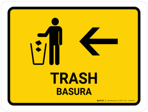 Trash With Left Arrow Yellow Bilingual Spanish Landscape - Wall Sign
