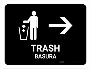 Trash With Right Arrow Black Bilingual Spanish Landscape - Wall Sign