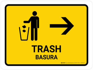 Trash With Right Arrow Yellow Bilingual Spanish Landscape - Wall Sign