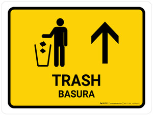 Trash With Up Arrow Yellow Bilingual Spanish Landscape - Wall Sign