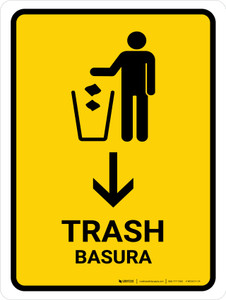 Trash With Down Arrow Yellow Bilingual Spanish Portrait - Wall Sign