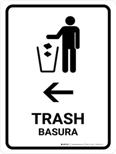 Trash With Left Arrow White Bilingual Spanish Portrait - Wall Sign