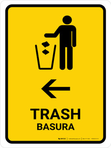 Trash With Left Arrow Yellow Bilingual Spanish Portrait - Wall Sign