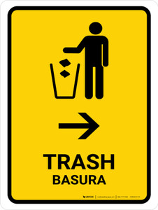 Trash With Right Arrow Yellow Bilingual Spanish Portrait - Wall Sign