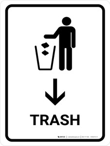 Trash With Down Arrow White Portrait - Wall Sign