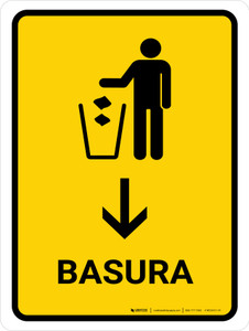 Trash With Down Arrow Yellow Spanish Portrait - Wall Sign