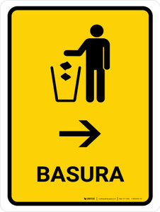 Trash With Right Arrow Yellow Spanish Portrait - Wall Sign