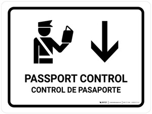 Passport Control With Down Arrow White Bilingual Spanish Landscape - Wall Sign