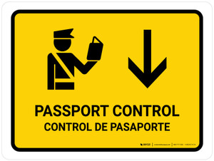 Passport Control With Down Arrow Yellow Bilingual Spanish Landscape - Wall Sign