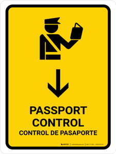 Passport Control With Down Arrow Yellow Bilingual Spanish Portrait - Wall Sign
