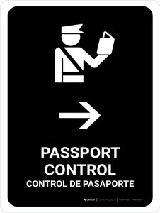 Passport Control With Right Arrow Black Bilingual Spanish Portrait - Wall Sign