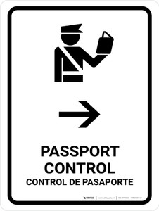 Passport Control With Right Arrow White Bilingual Spanish Portrait - Wall Sign