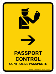 Passport Control With Right Arrow Yellow Bilingual Portrait - Wall Sign