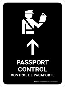 Passport Control With Up Arrow Black Bilingual Spanish Portrait - Wall Sign