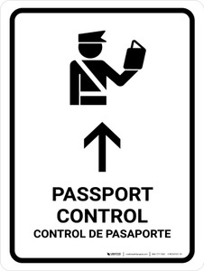 Passport Control With Up Arrow White Bilingual Spanish Portrait - Wall Sign